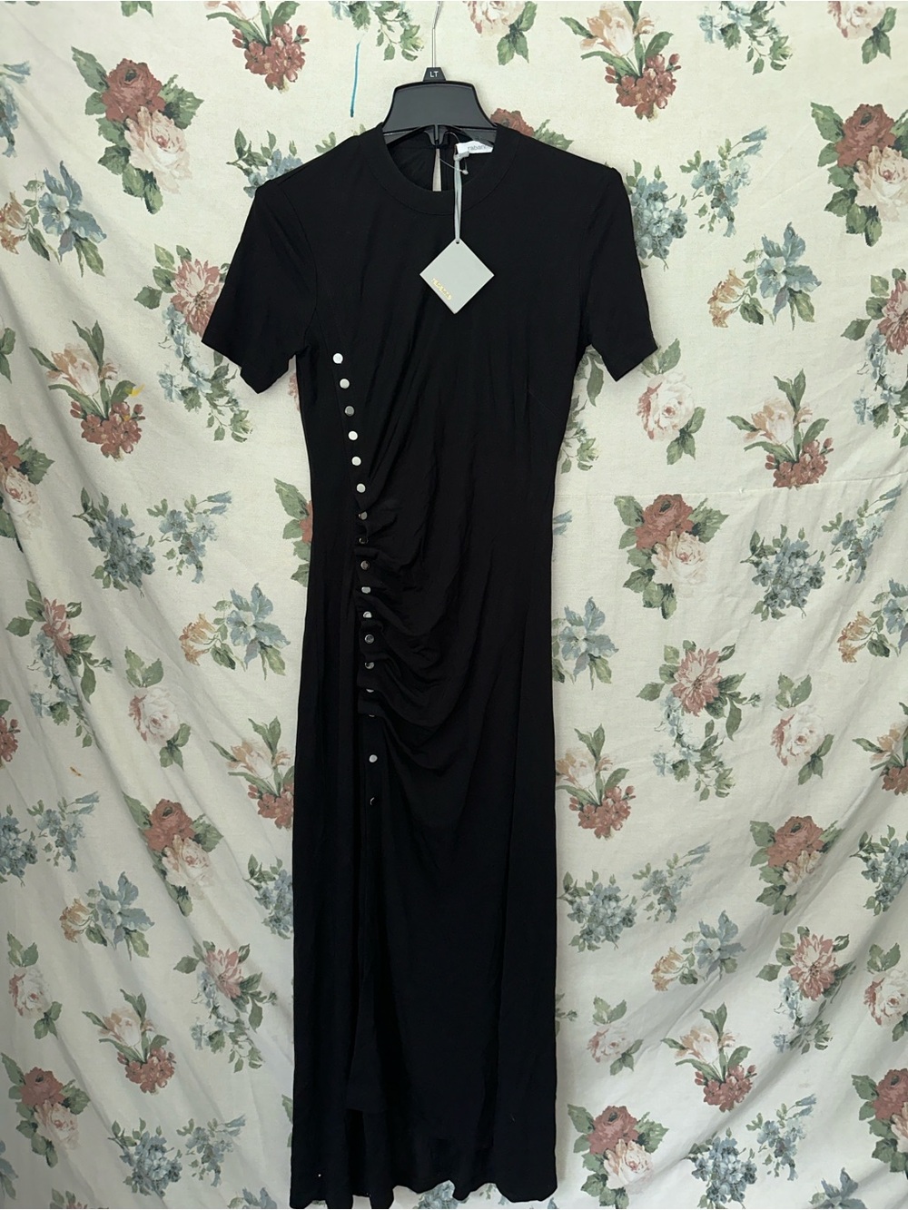 Paco Rabanne Black Short-Sleeve Ruched Maxi Dress with Side Buttons
